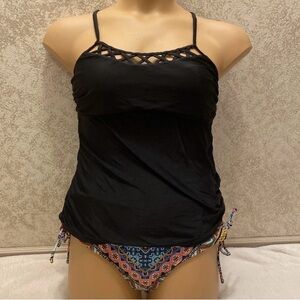 Time and Tru Black Tankini Top with Patterned Bikini Bottom